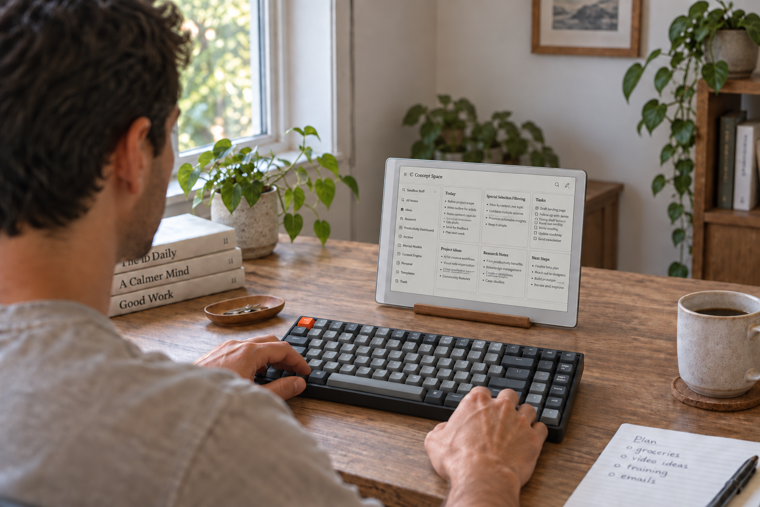Over a man's shoulder, a compact white e-ink tablet displays Concept Space notes above a gray mechanical keyboard on a wooden desk.