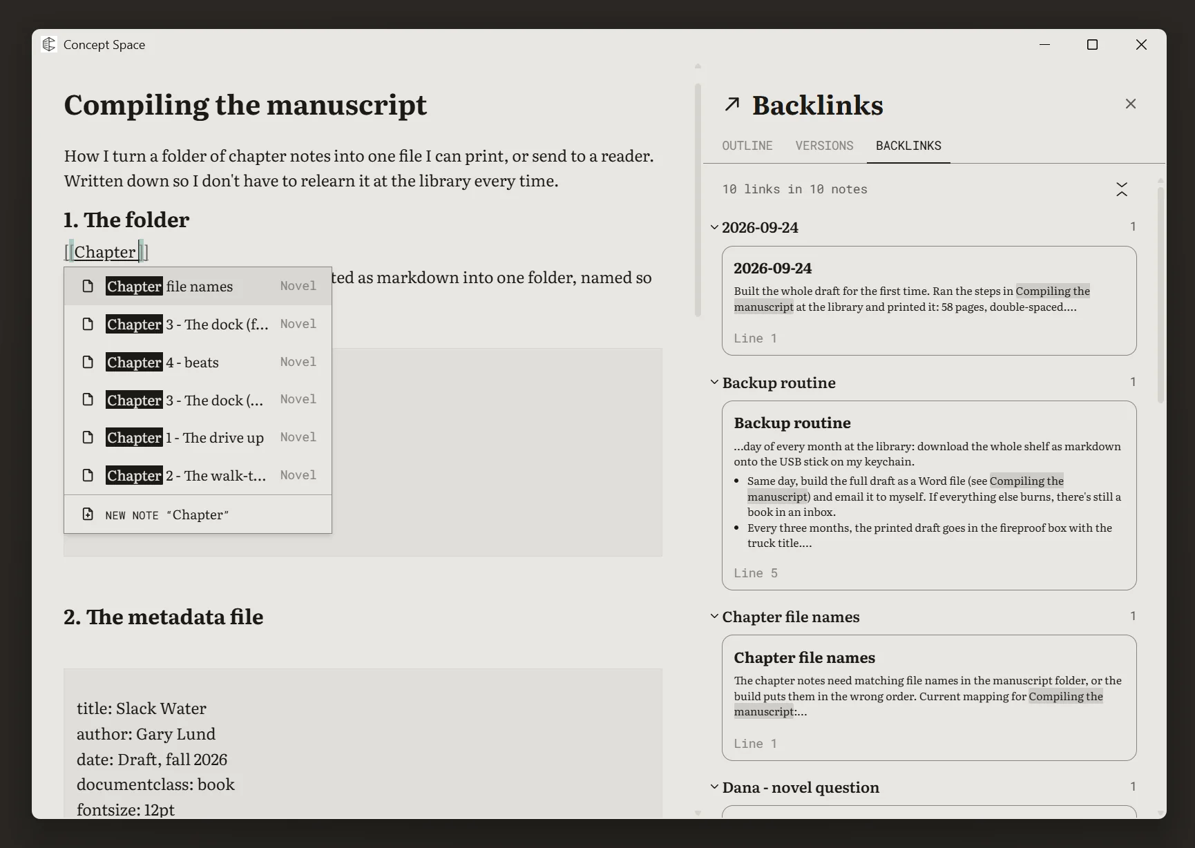 Typing [[ in a note opens a picker of matching notes, while the Backlinks panel beside it lists every note that links here, with the linking sentence and its line.
