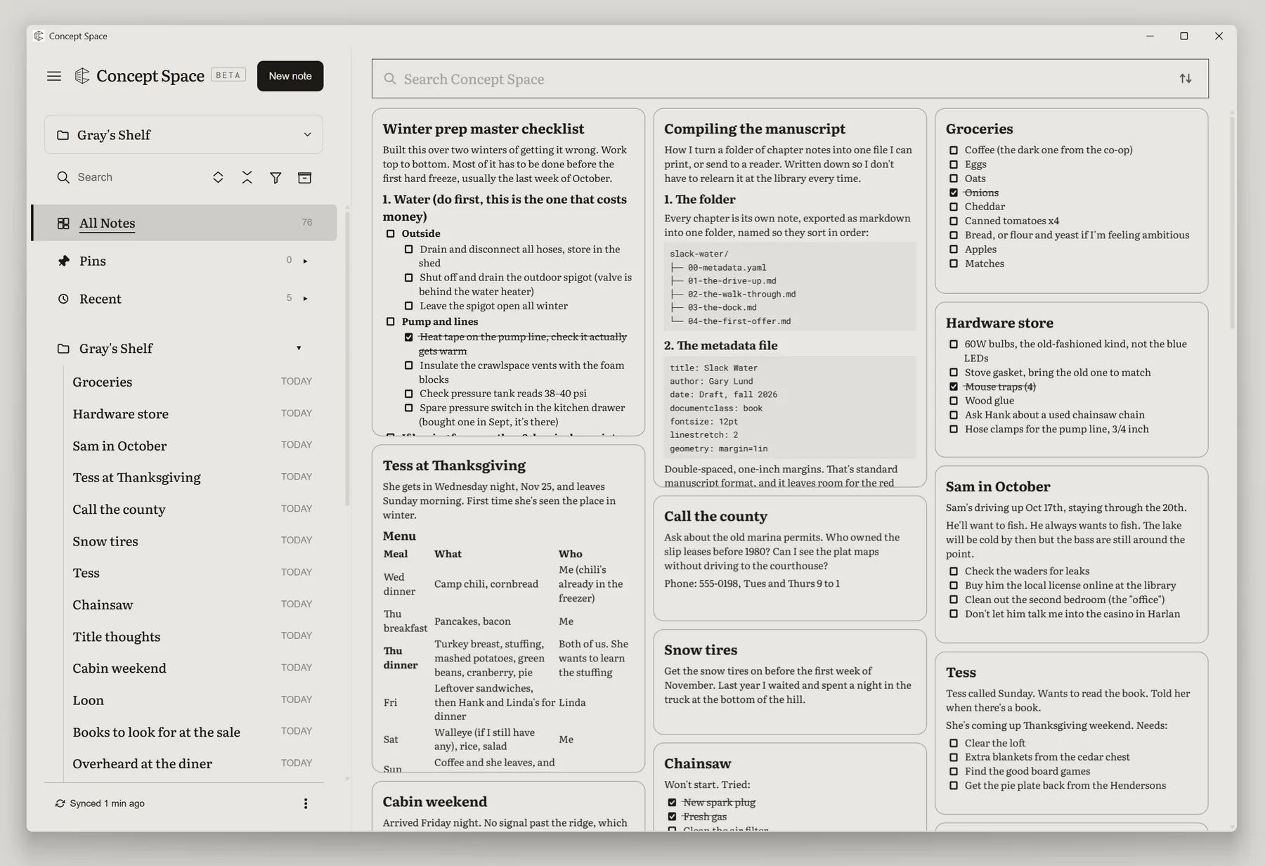 The Concept Space desktop window in paper tones: the folder tree beside cards of notes, ink-dark serif text on warm grey.