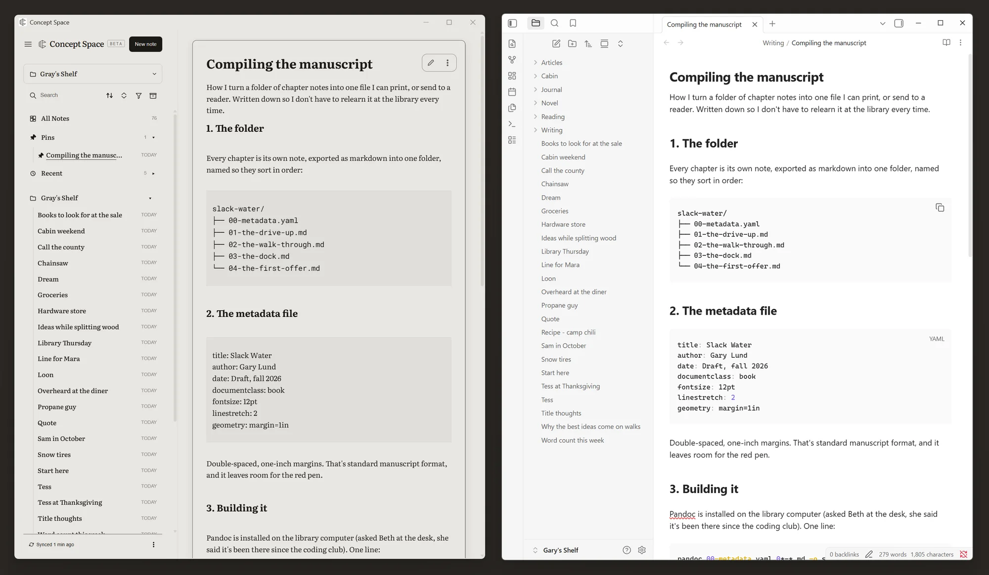 The same note open in Concept Space and in Obsidian, side by side: one markdown file, the same folder of notes, the same headings and code blocks in two apps.