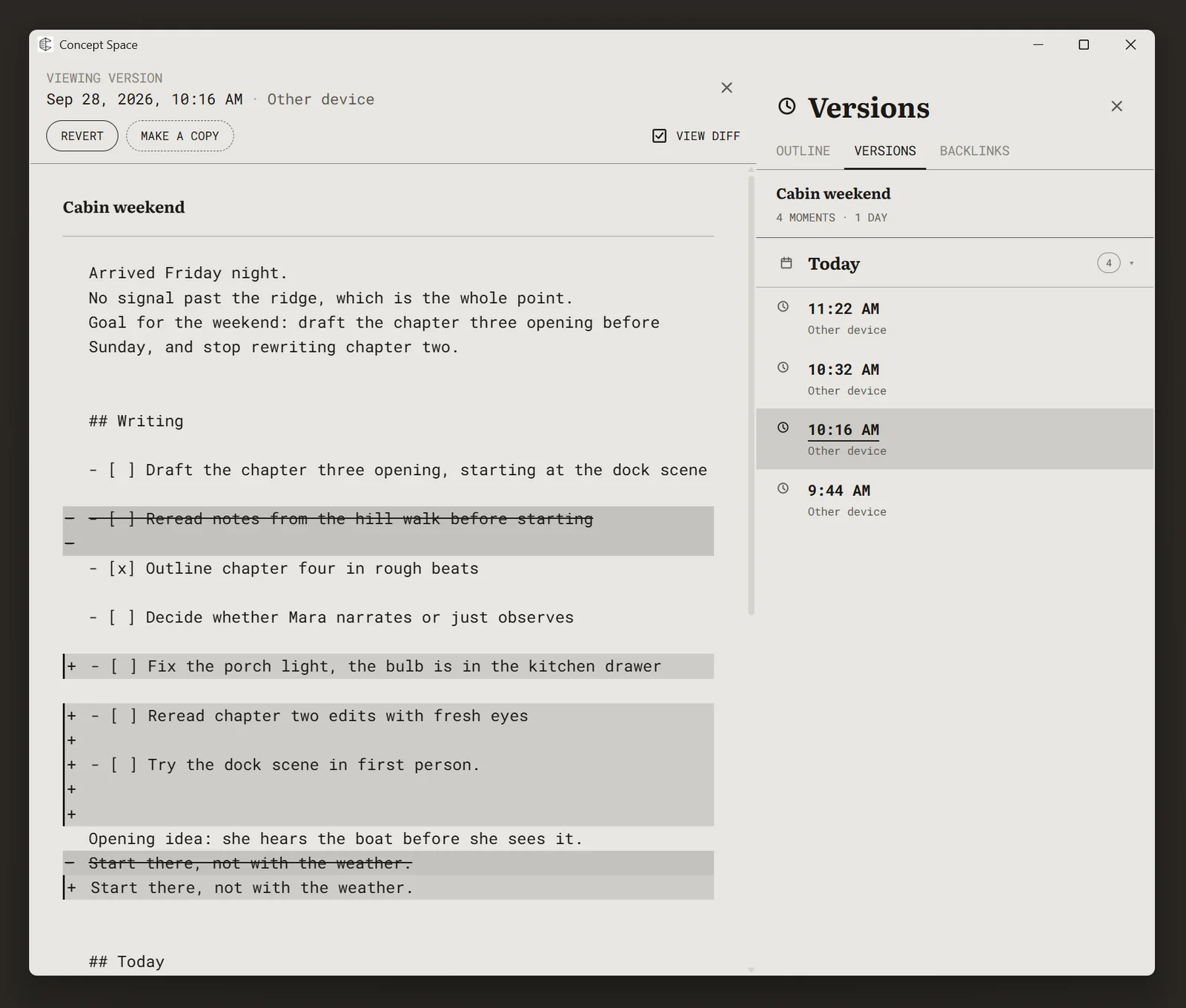 A note open at an earlier version, with View diff on: removed lines struck through and added lines marked, Revert and Make a copy above, and the Versions panel beside it listing the day's four moments.
